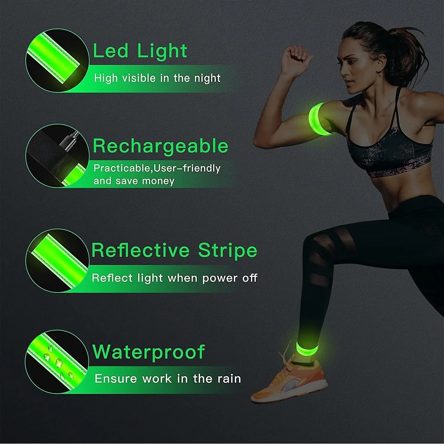 2 Pack Led Armband Running Light Usb Rechargeable Flashing Bracelet For Night Running Cycling