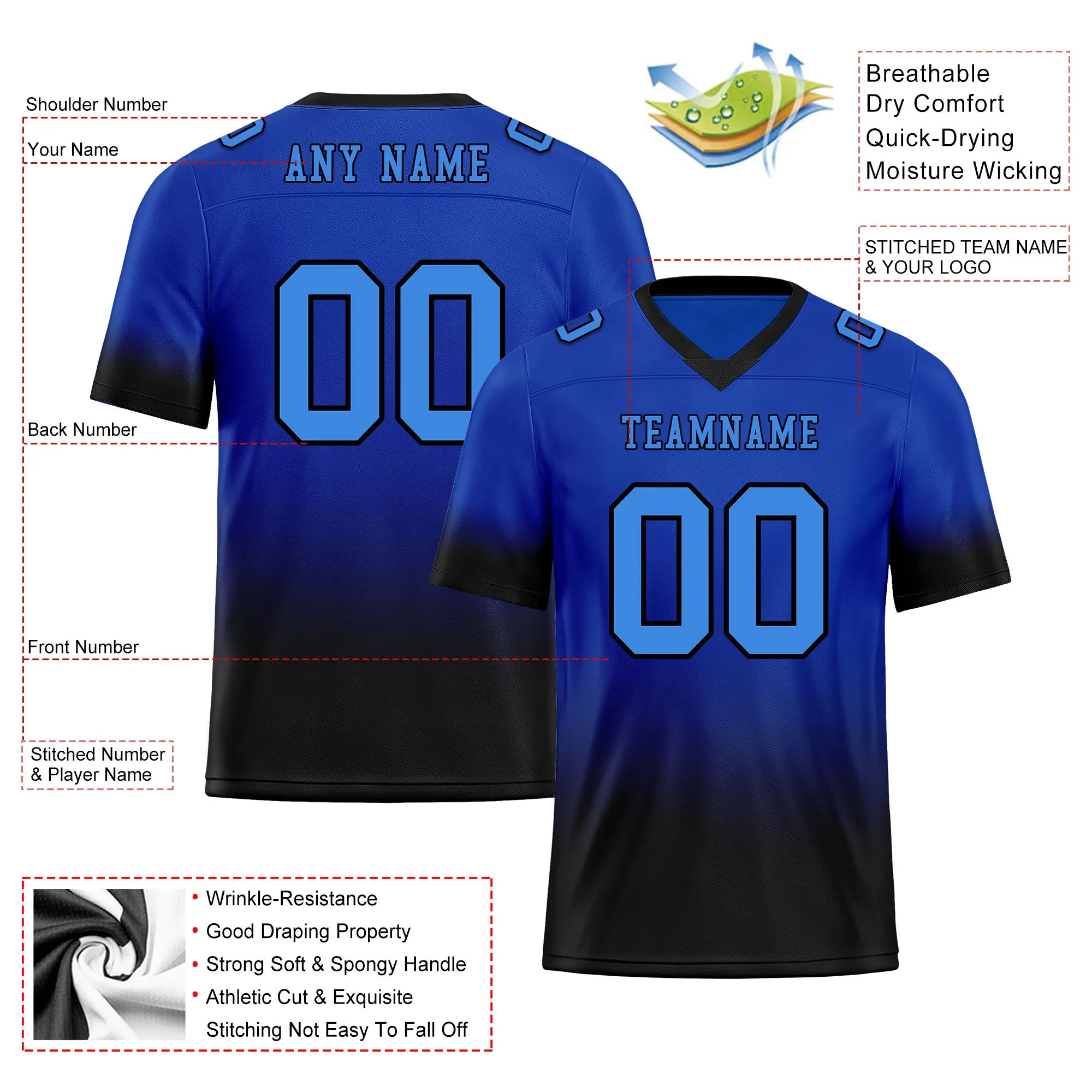 Custom Black Blue Fade Fashion Personalized Authentic Football Jersey FBJ02-D06102