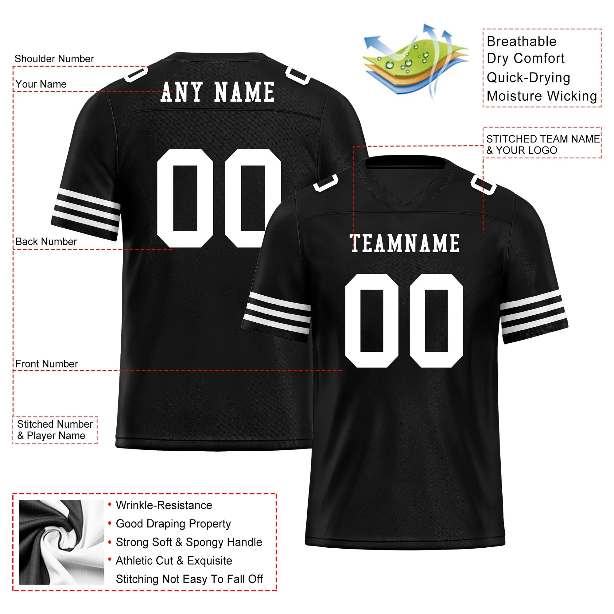 Custom Black White Striped Sleeves Personalized Authentic Football Jersey FBJ02-D06039