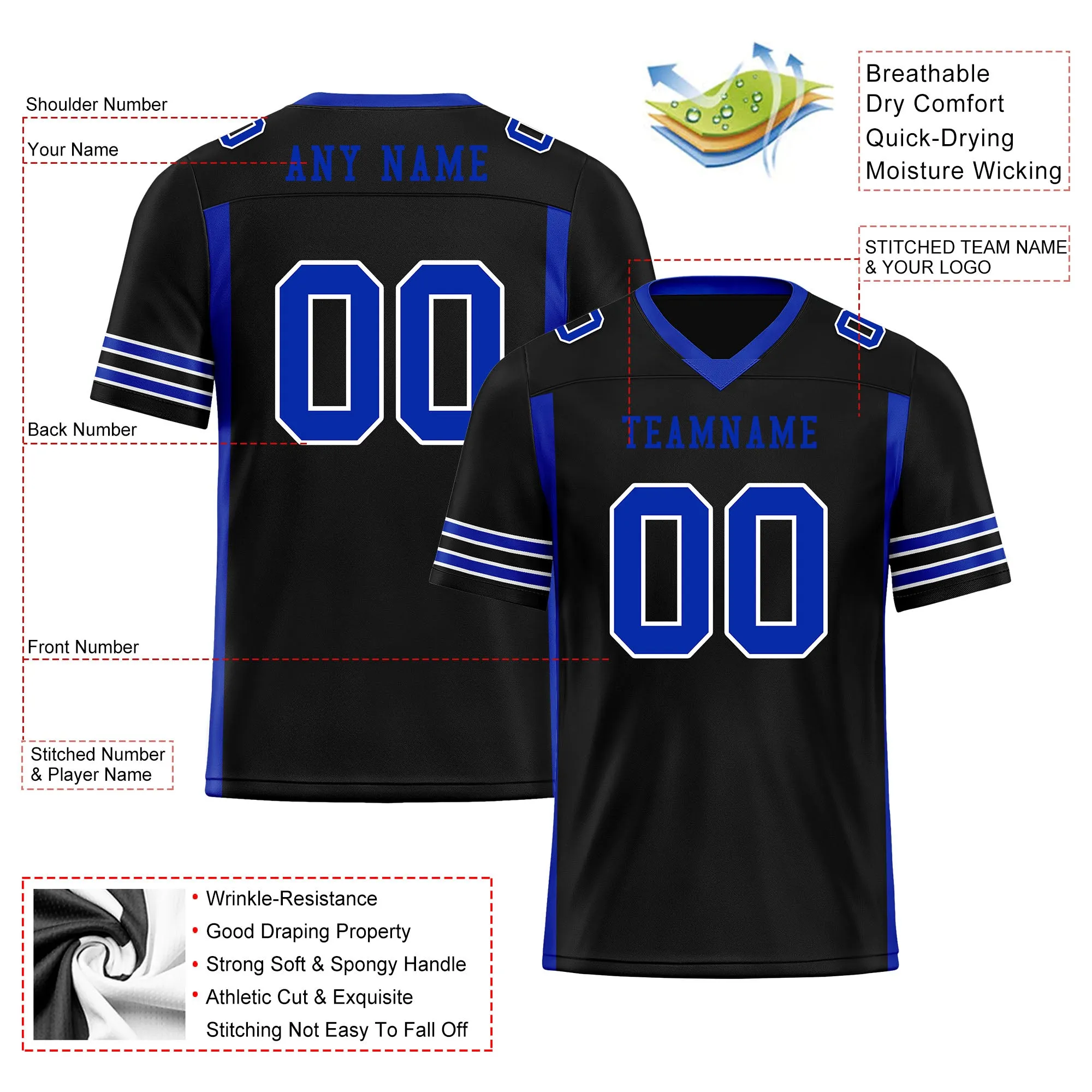 Custom Blue Black Striped Sleeves Personalized Authentic Football Jersey FBJ02-D06072