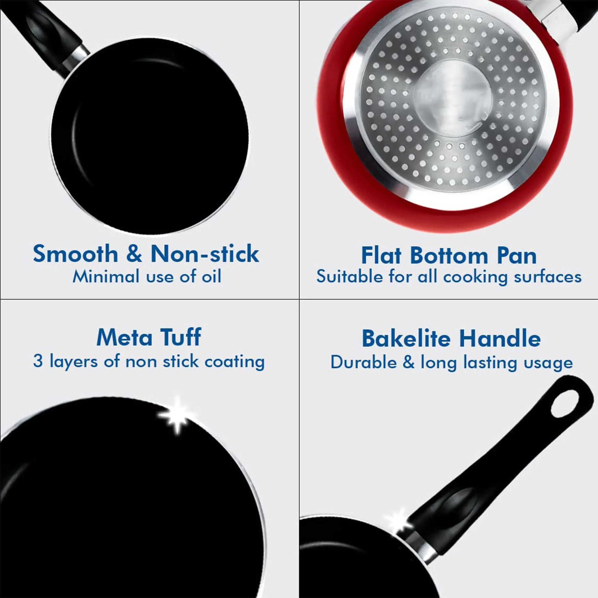 Kuber Industries 3 PCS Aluminium Cooking Set for Kitchen 24 cm Wok, 24 cm Fry Pan with Lid & 22 cm Tawa | Nonstick Induction Cookware Set | Kadhai, Frying Pan & Tawa Set | Black & Red