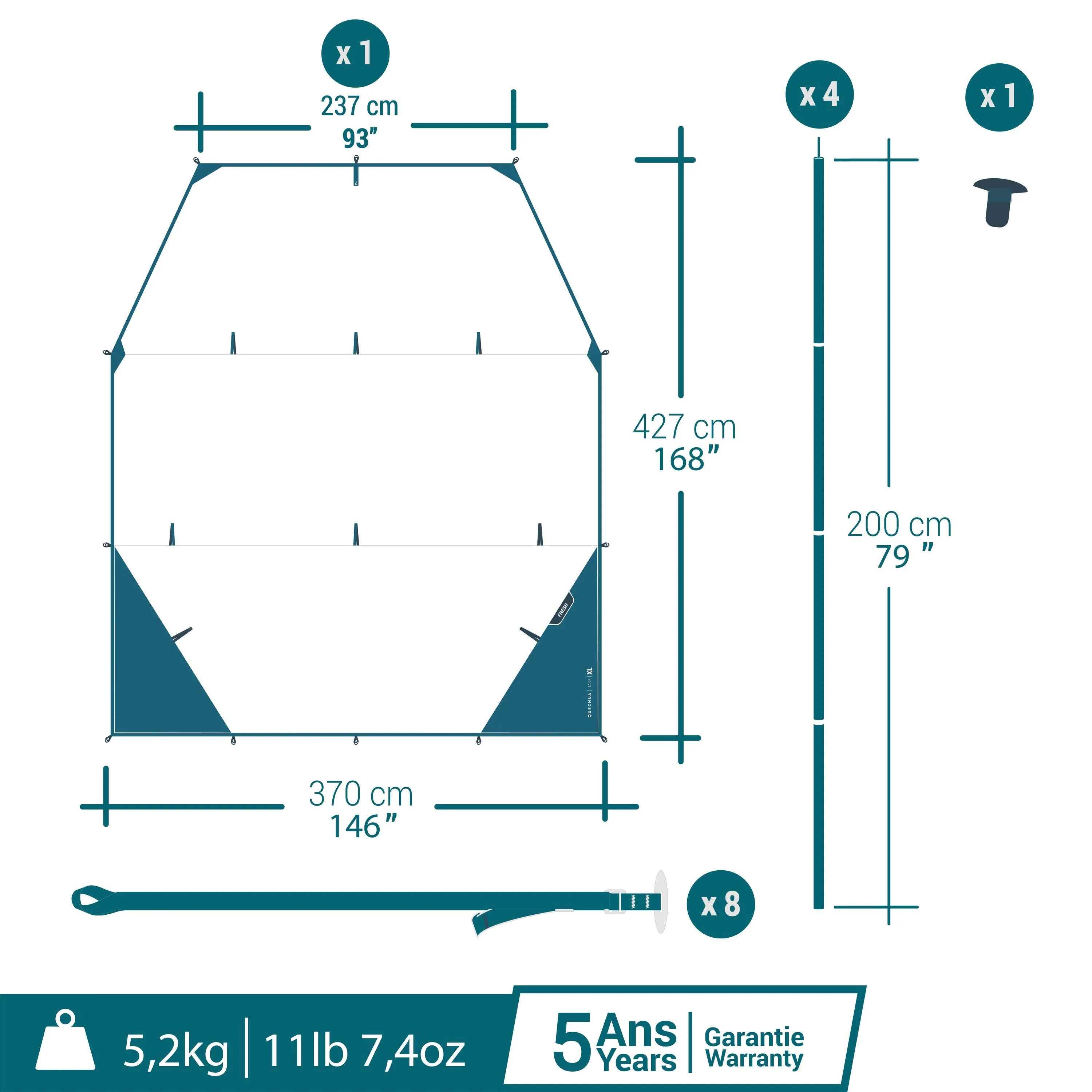 Multifunctional camping canopy Quechua Fresh XL, white/turquoise/blue