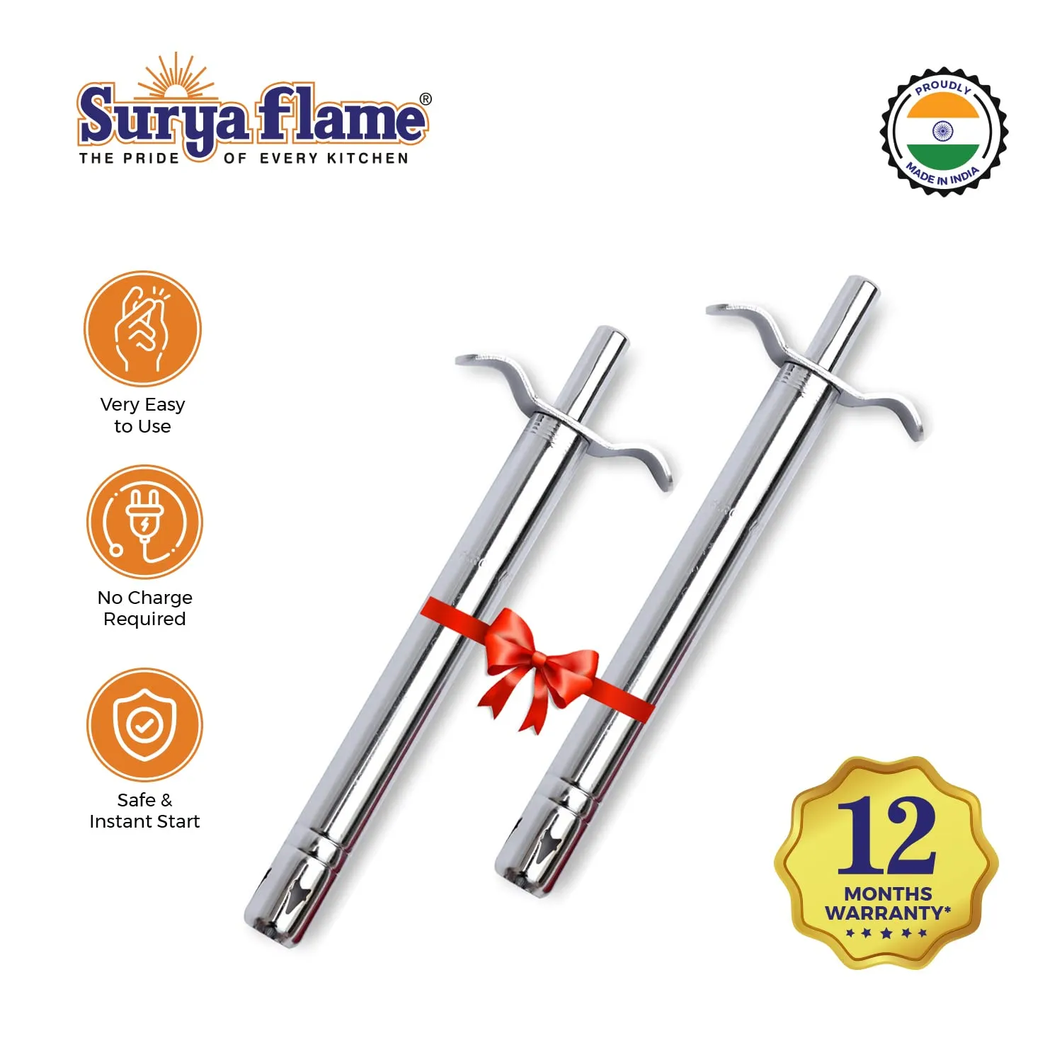 Surya Flame Chrome Stainless Steel Gas Lighter Pack of 2: Easy Grip Metal Regular Gas Lighters for Gas Stoves, Restaurants & Kitchen Use with 1-Year Warranty