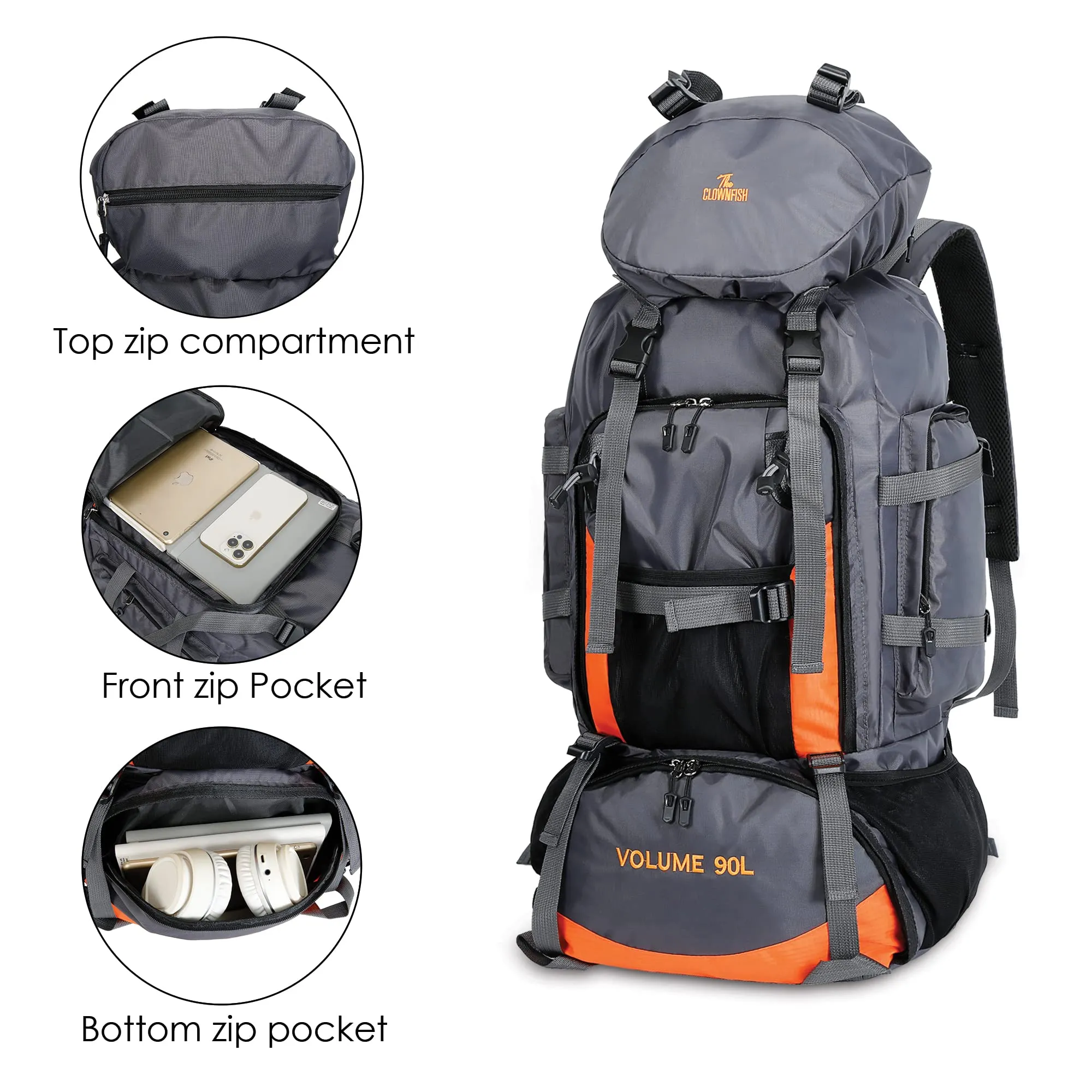 THE CLOWNFISH Summit Seeker 90 Litres Polyester Travel Backpack for Mountaineering Outdoor Sport Camp Hiking Trekking Bag Camping Rucksack Bagpack Bags (Light Grey)