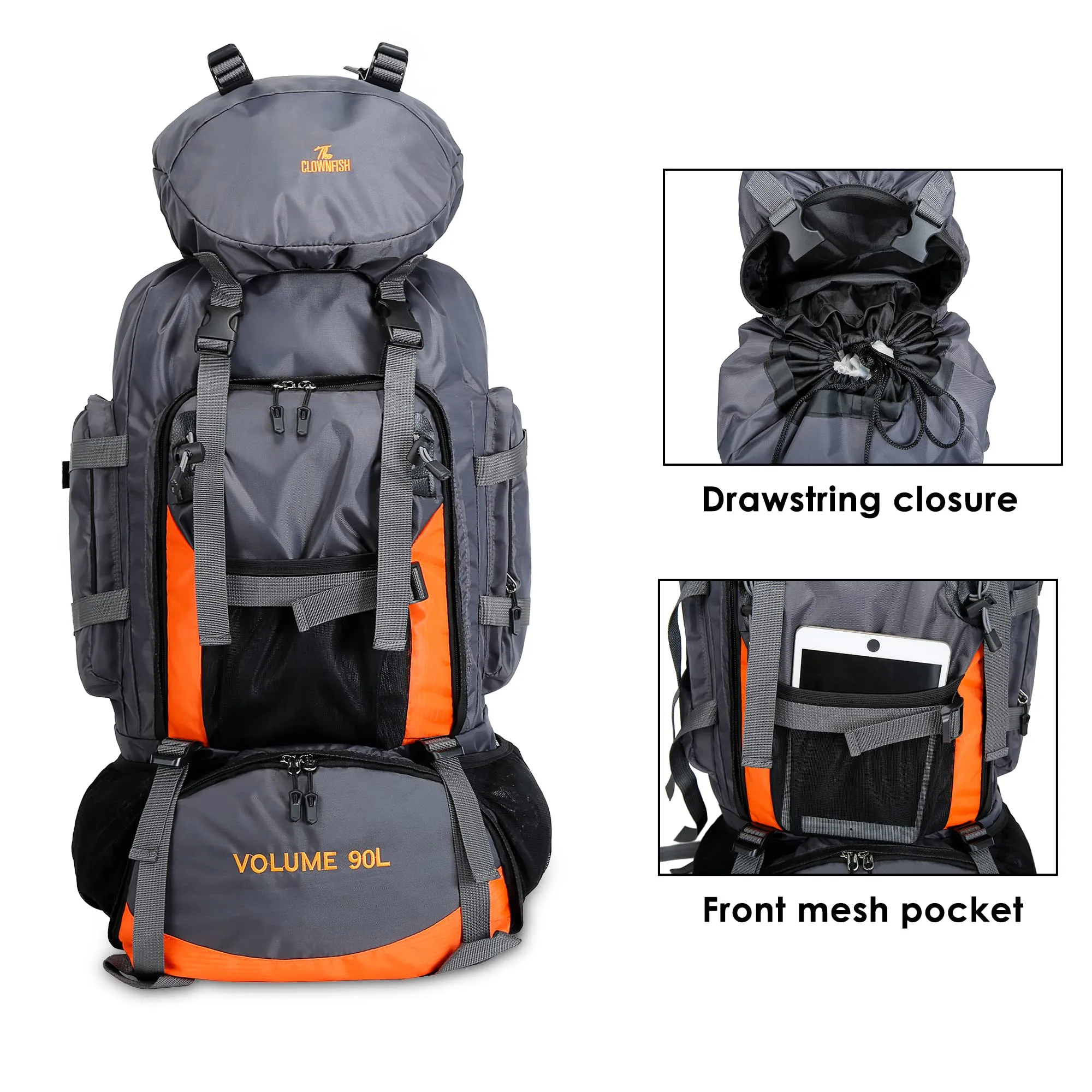 THE CLOWNFISH Summit Seeker 90 Litres Polyester Travel Backpack for Mountaineering Outdoor Sport Camp Hiking Trekking Bag Camping Rucksack Bagpack Bags (Light Grey)