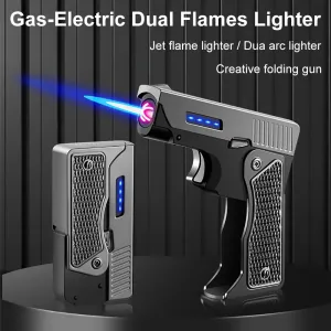 Turbo Jet Flame Windproof USB Rechargeable Lighter - Gas-Electric Plasma, Butane Torch for Cigars - Foldable Design