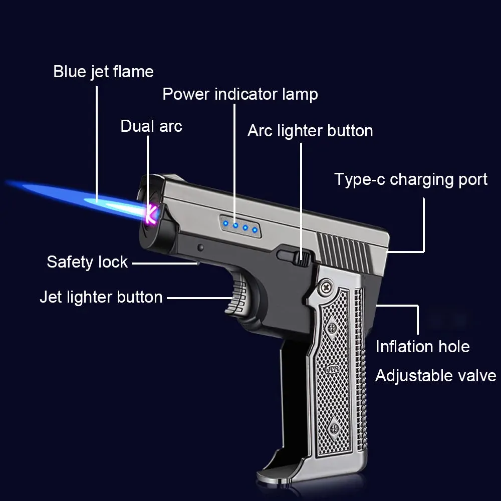 Turbo Jet Flame Windproof USB Rechargeable Lighter - Gas-Electric Plasma, Butane Torch for Cigars - Foldable Design