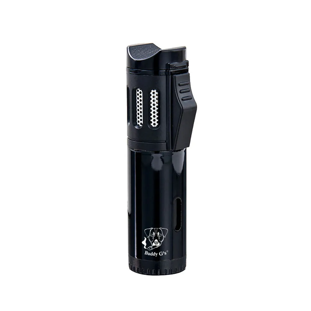 Two-tone Polished Metal Windproof Triple Burner Refillable Butane Jet Torch Lighter - Cigar Holder on Top - Built-in Fuel Level Window