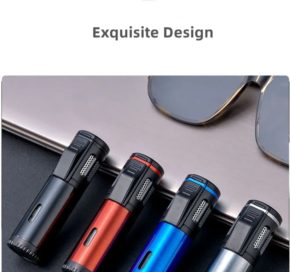 Two-tone Polished Metal Windproof Triple Burner Refillable Butane Jet Torch Lighter - Cigar Holder on Top - Built-in Fuel Level Window