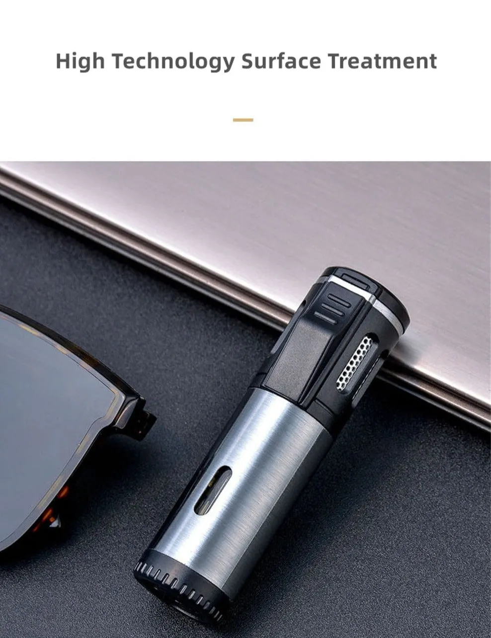 Two-tone Polished Metal Windproof Triple Burner Refillable Butane Jet Torch Lighter - Cigar Holder on Top - Built-in Fuel Level Window