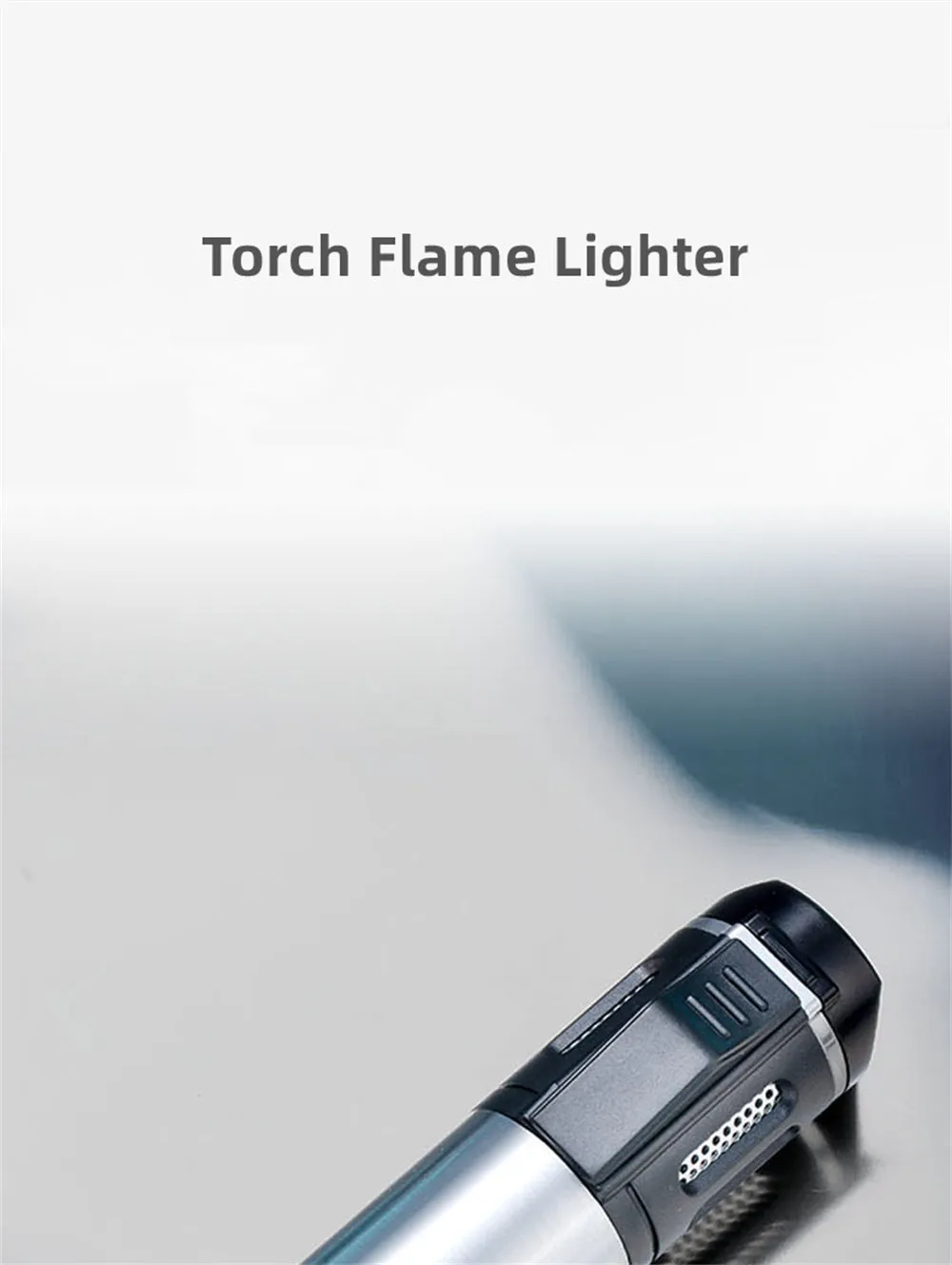 Two-tone Polished Metal Windproof Triple Burner Refillable Butane Jet Torch Lighter - Cigar Holder on Top - Built-in Fuel Level Window