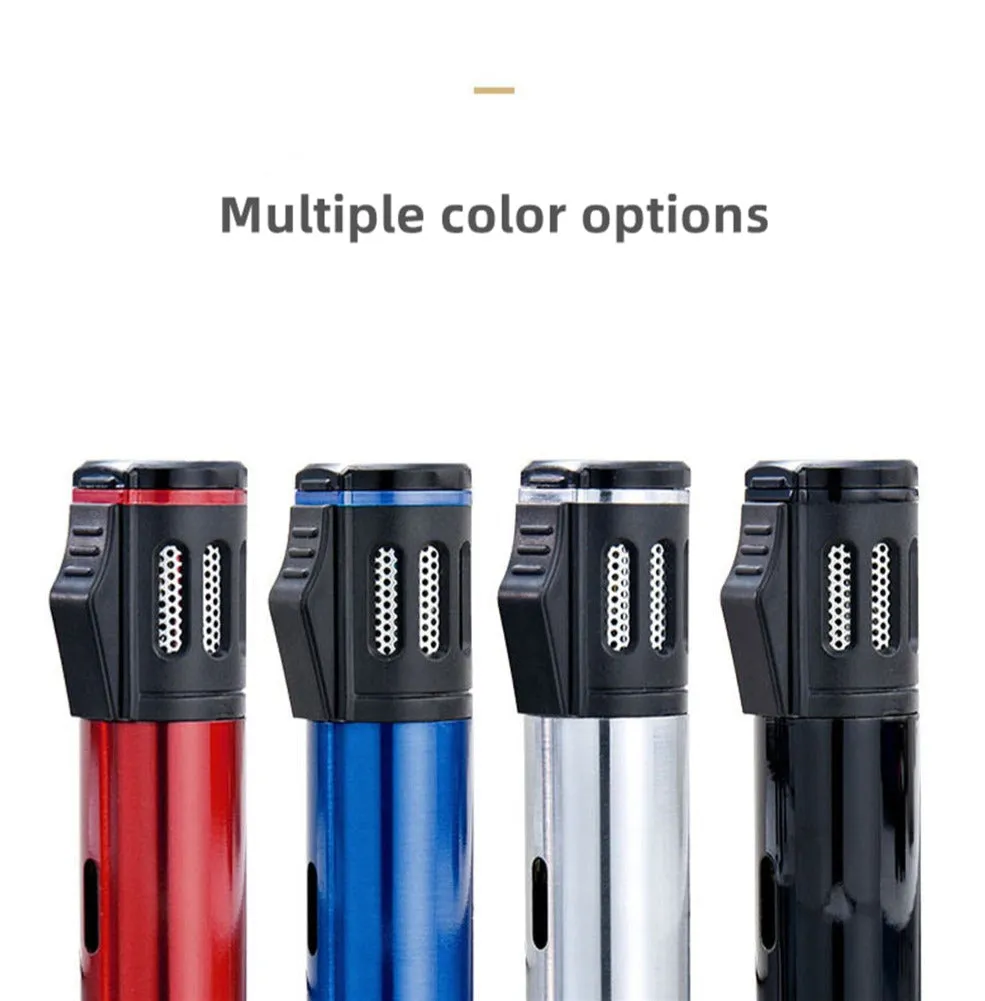 Two-tone Polished Metal Windproof Triple Burner Refillable Butane Jet Torch Lighter - Cigar Holder on Top - Built-in Fuel Level Window