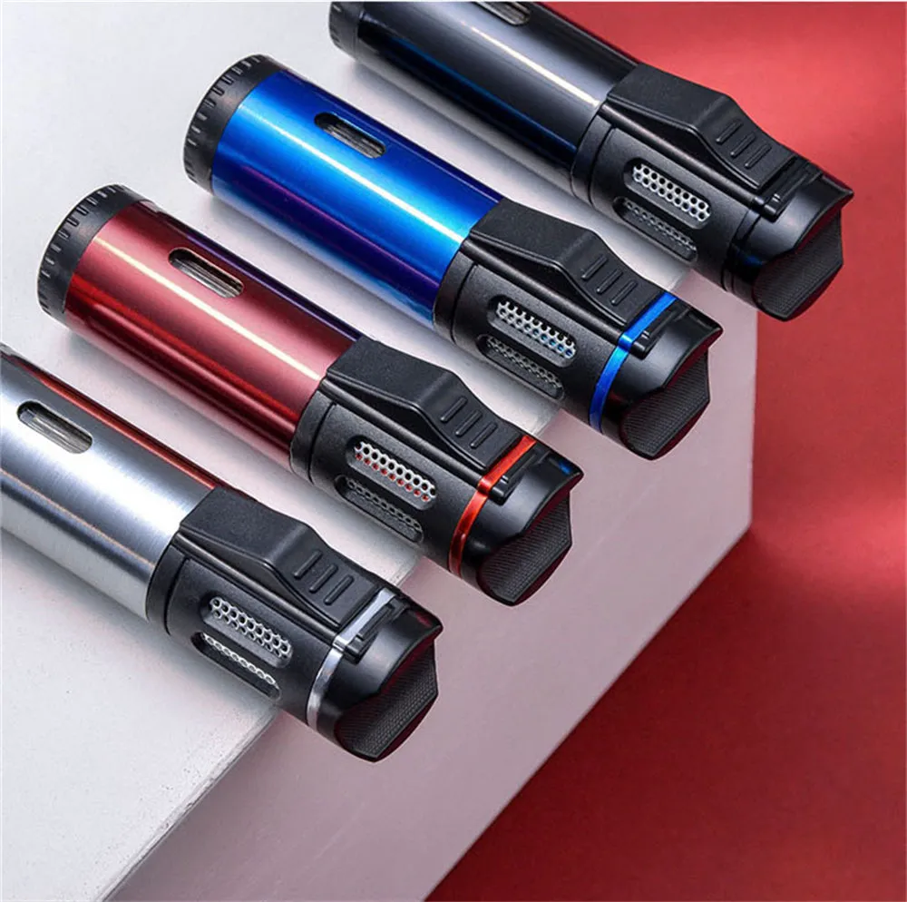 Two-tone Polished Metal Windproof Triple Burner Refillable Butane Jet Torch Lighter - Cigar Holder on Top - Built-in Fuel Level Window