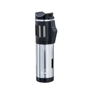 Two-tone Polished Metal Windproof Triple Burner Refillable Butane Jet Torch Lighter - Cigar Holder on Top - Built-in Fuel Level Window